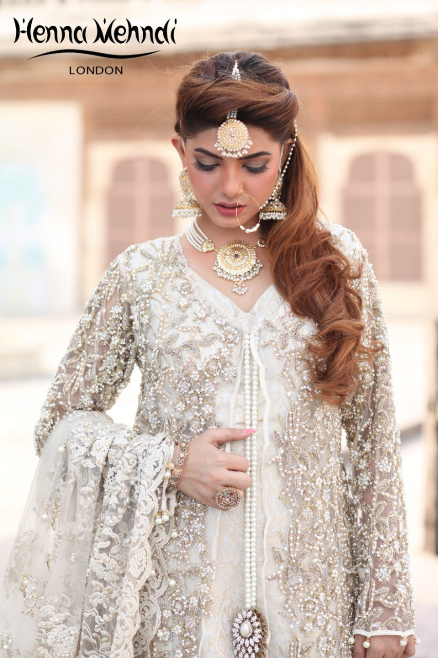 Ivory Diamante & Pearl Embroidered Bridal Gown Outfit - Henna Mehndi