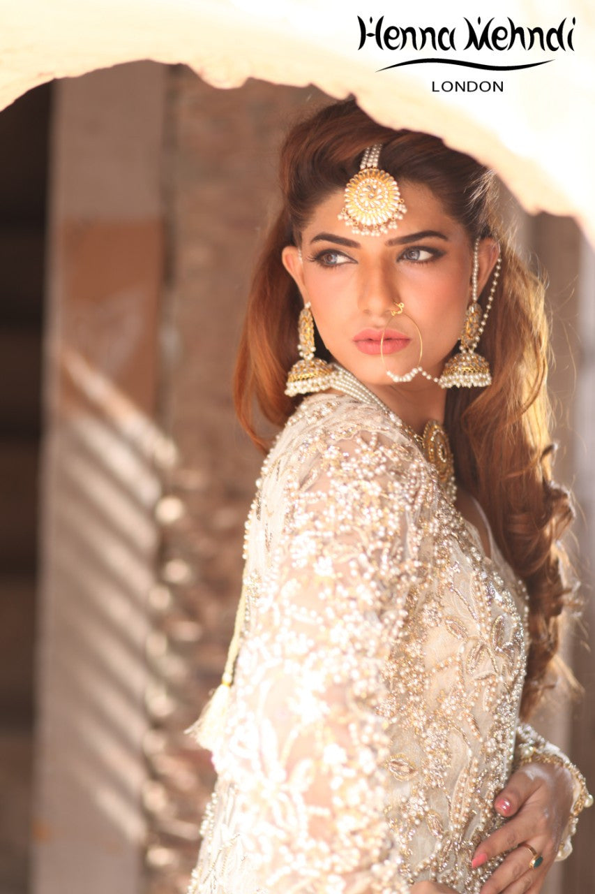 Ivory Diamante & Pearl Embroidered Bridal Gown Outfit - Henna Mehndi