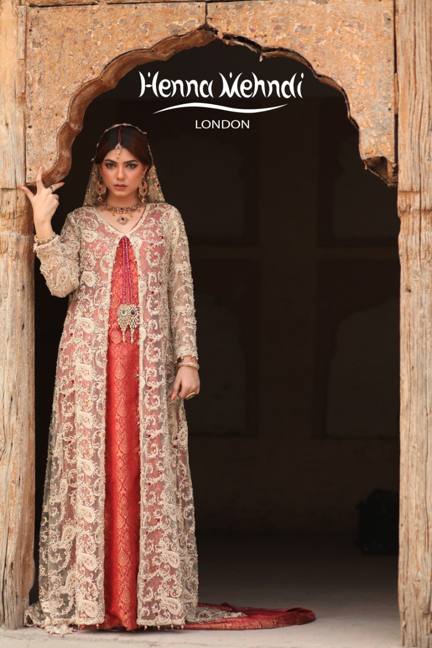 Gold and Maroon Diamante Embroidered Bridal Gown Outfit - Henna Mehndi