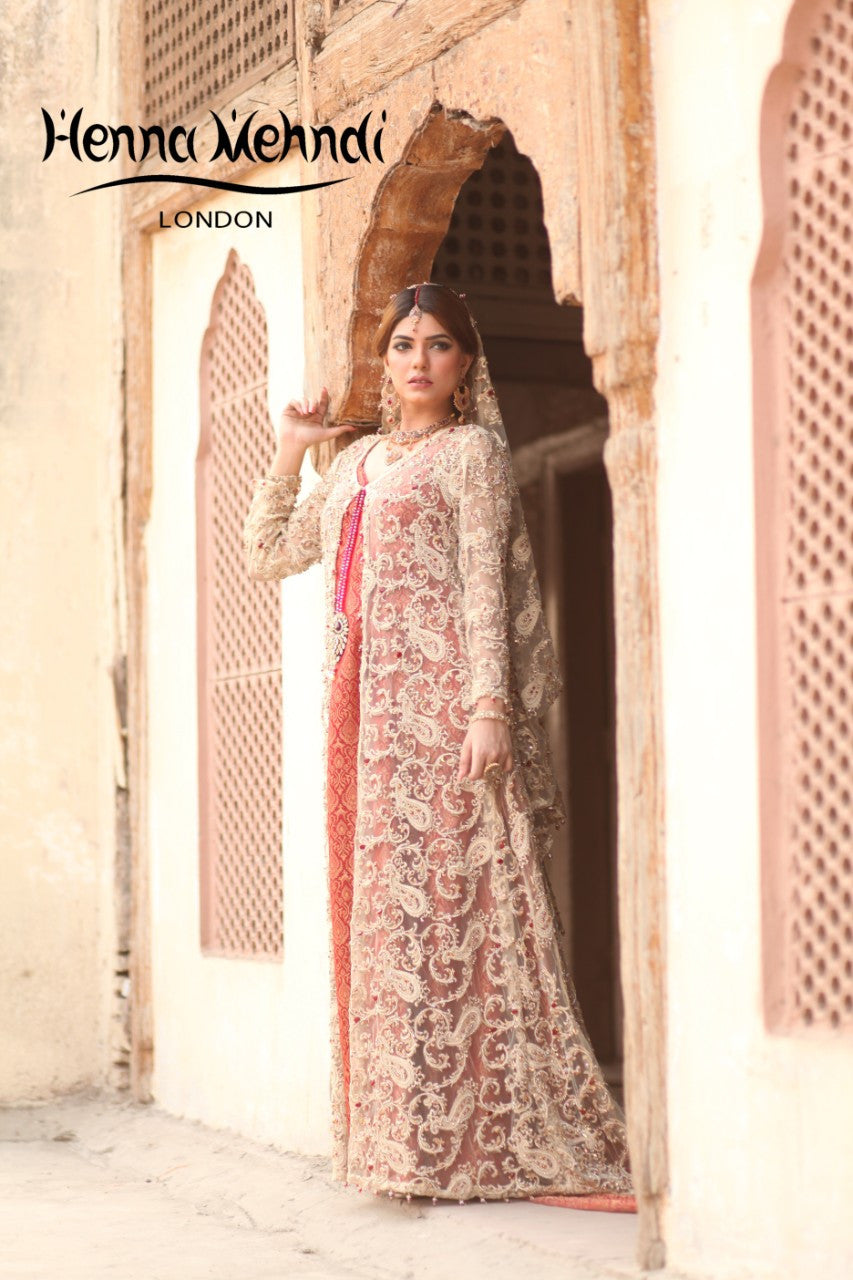 Gold and Maroon Diamante Embroidered Bridal Gown Outfit - Henna Mehndi