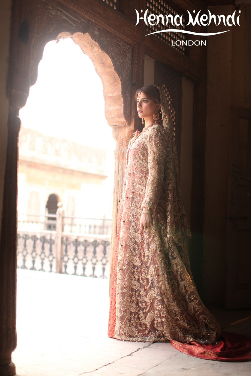 Gold and Maroon Diamante Embroidered Bridal Gown Outfit - Henna Mehndi