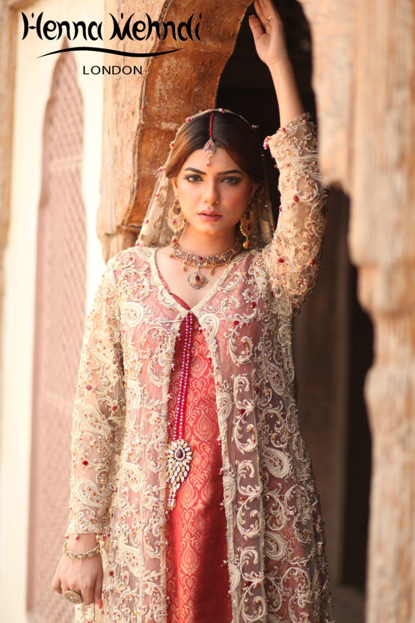Gold and Maroon Diamante Embroidered Bridal Gown Outfit - Henna Mehndi