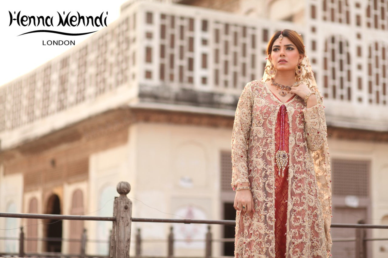 Gold and Maroon Diamante Embroidered Bridal Gown Outfit - Henna Mehndi