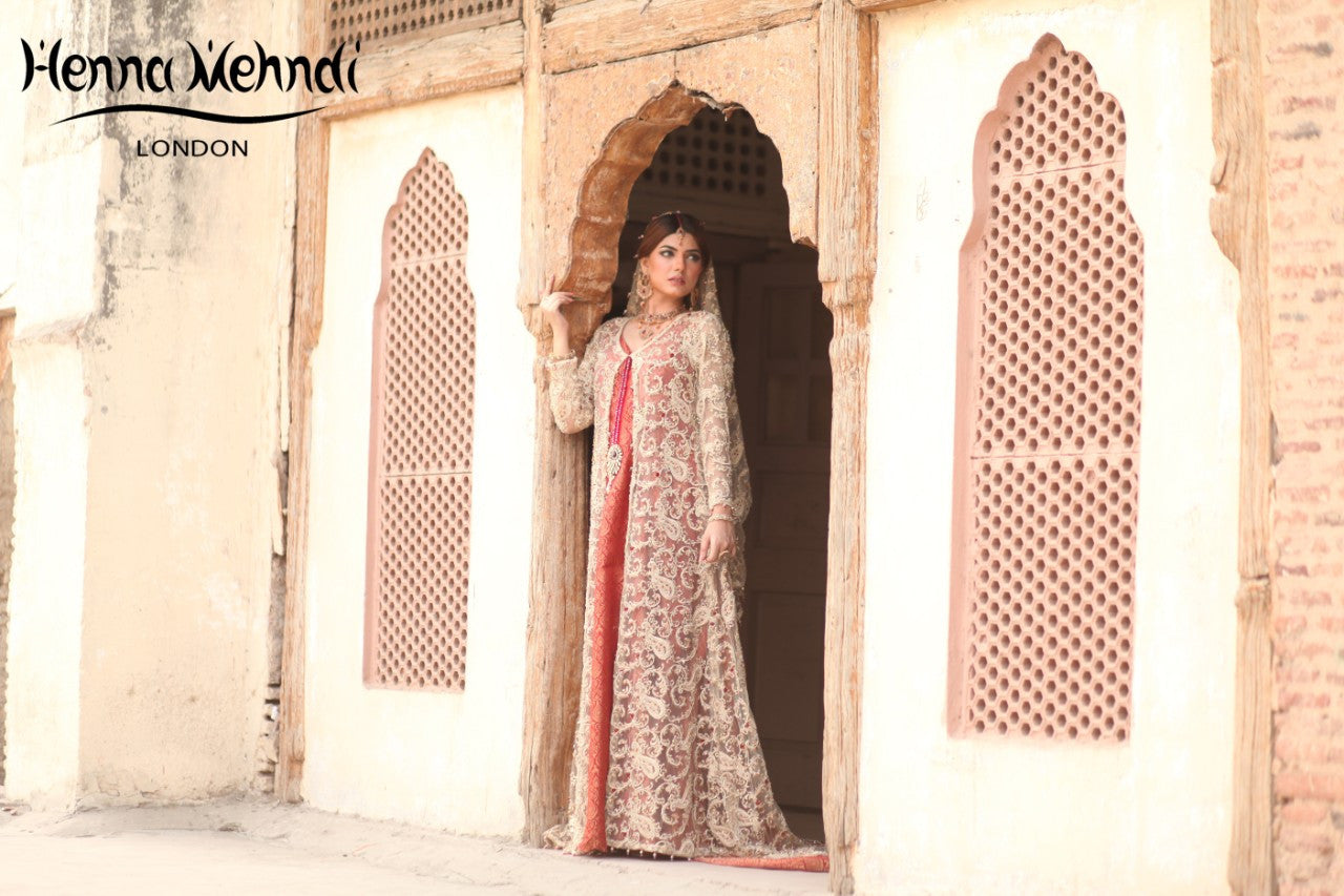 Gold and Maroon Diamante Embroidered Bridal Gown Outfit - Henna Mehndi