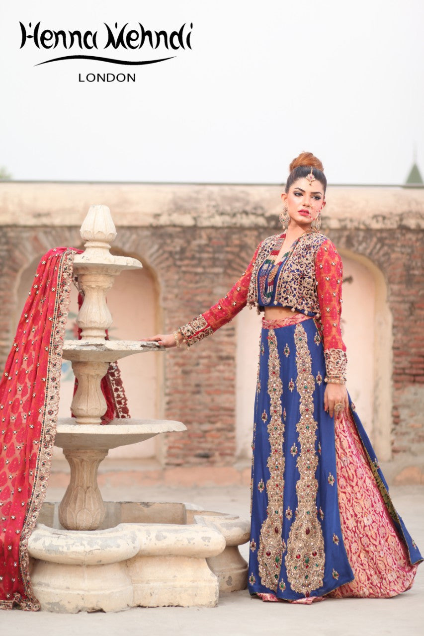 Navy and Red Diamante Embroidered Bridal Lehnga - Henna Mehndi