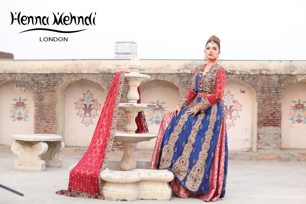 Navy and Red Diamante Embroidered Bridal Lehnga - Henna Mehndi