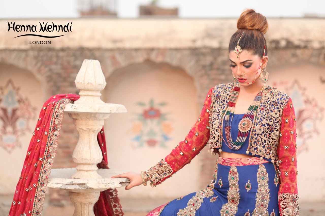 Navy and Red Diamante Embroidered Bridal Lehnga - Henna Mehndi