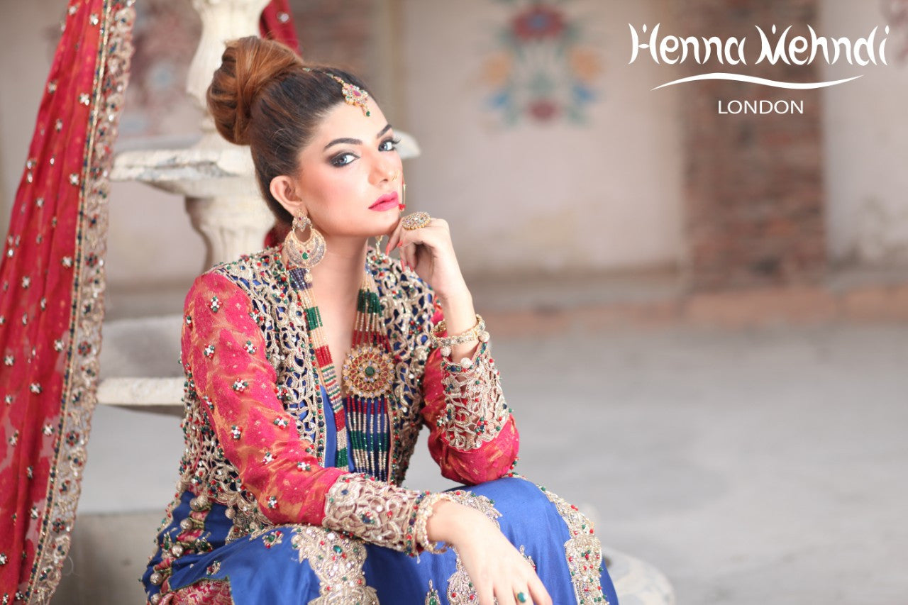 Navy and Red Diamante Embroidered Bridal Lehnga - Henna Mehndi