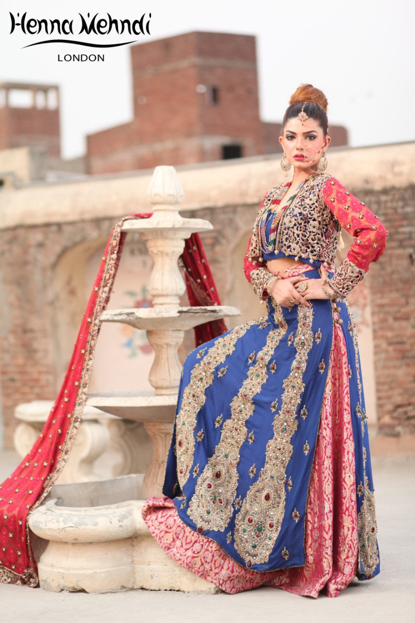 Navy and Red Diamante Embroidered Bridal Lehnga - Henna Mehndi