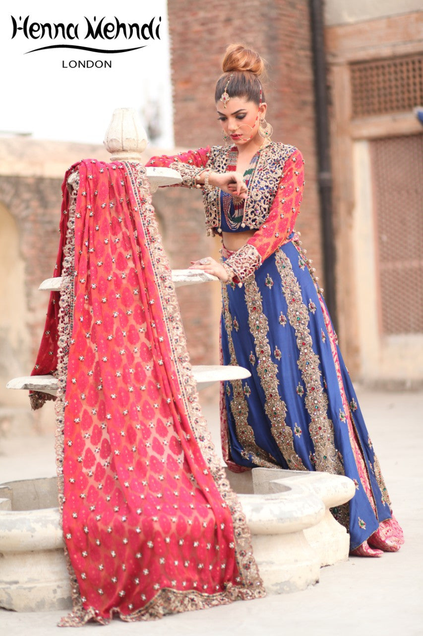 Navy and Red Diamante Embroidered Bridal Lehnga - Henna Mehndi