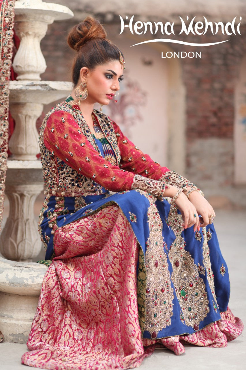 Navy and Red Diamante Embroidered Bridal Lehnga - Henna Mehndi