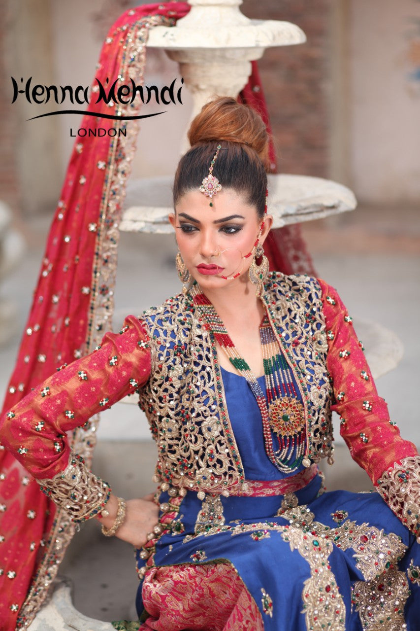 Navy and Red Diamante Embroidered Bridal Lehnga - Henna Mehndi