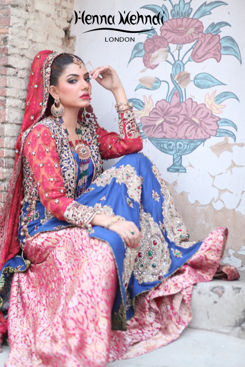 Navy and Red Diamante Embroidered Bridal Lehnga - Henna Mehndi