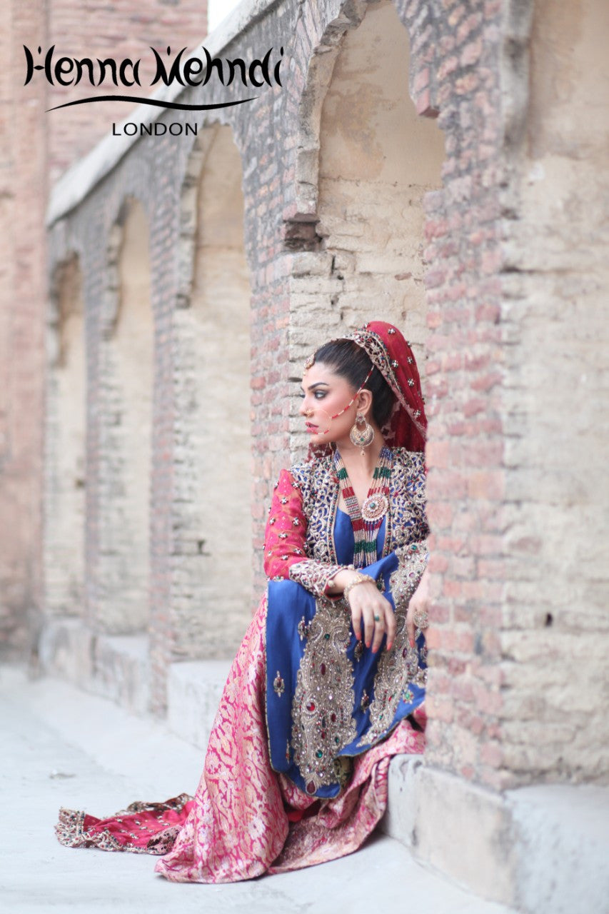 Navy and Red Diamante Embroidered Bridal Lehnga - Henna Mehndi