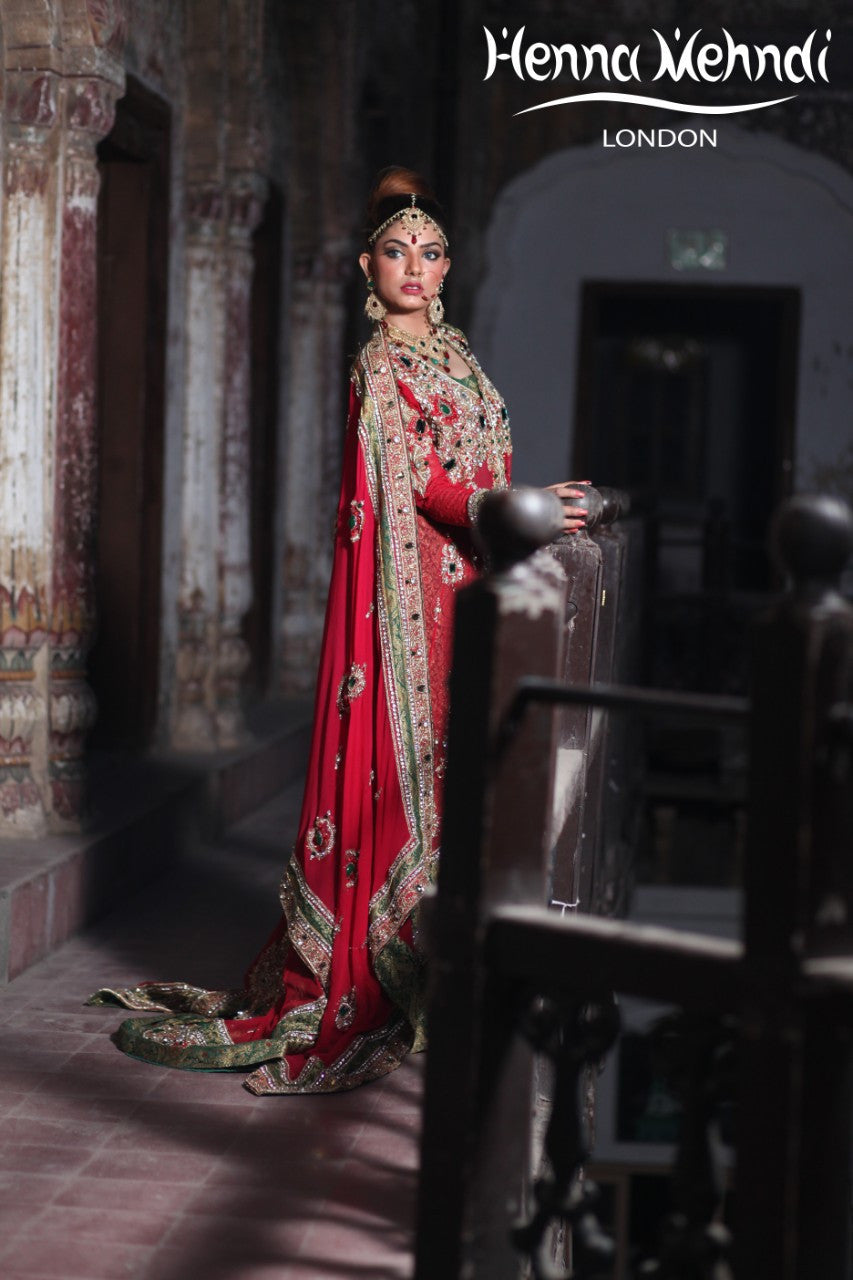Red And Green Diamante Embroidered Bridal Outfit - Henna Mehndi