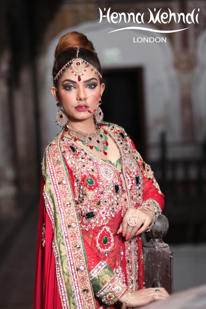 Red And Green Diamante Embroidered Bridal Outfit - Henna Mehndi