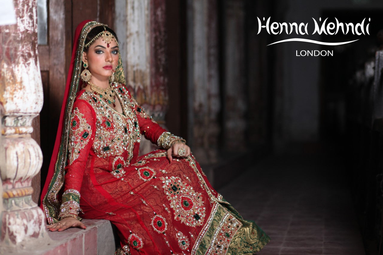 Red And Green Diamante Embroidered Bridal Outfit - Henna Mehndi