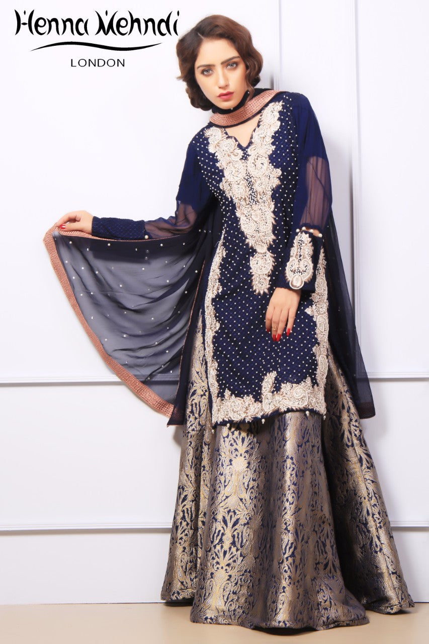 Navy Pearl & Diamante Embroidered Outfit - Henna Mehndi