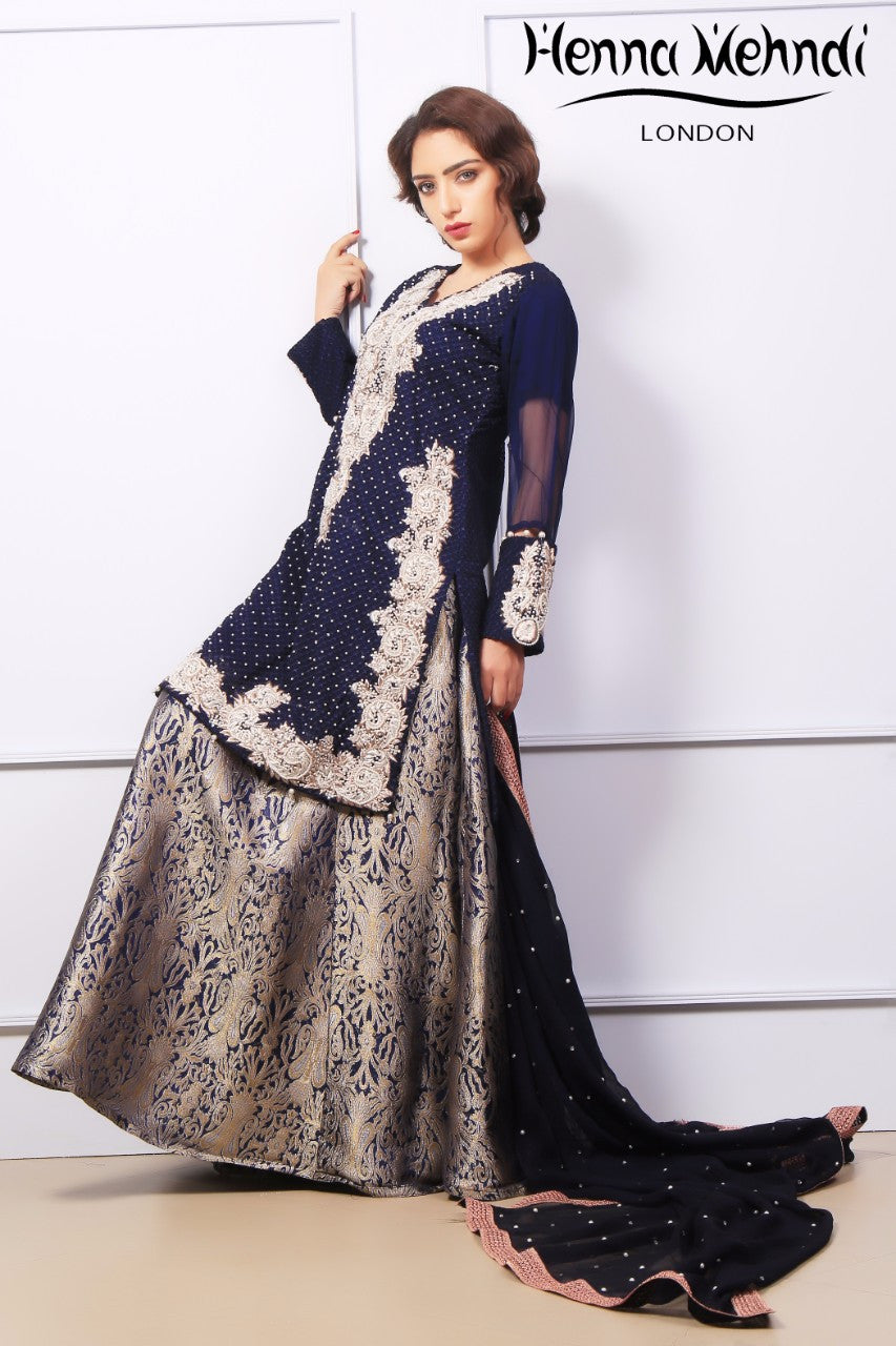 Navy Pearl & Diamante Embroidered Outfit - Henna Mehndi