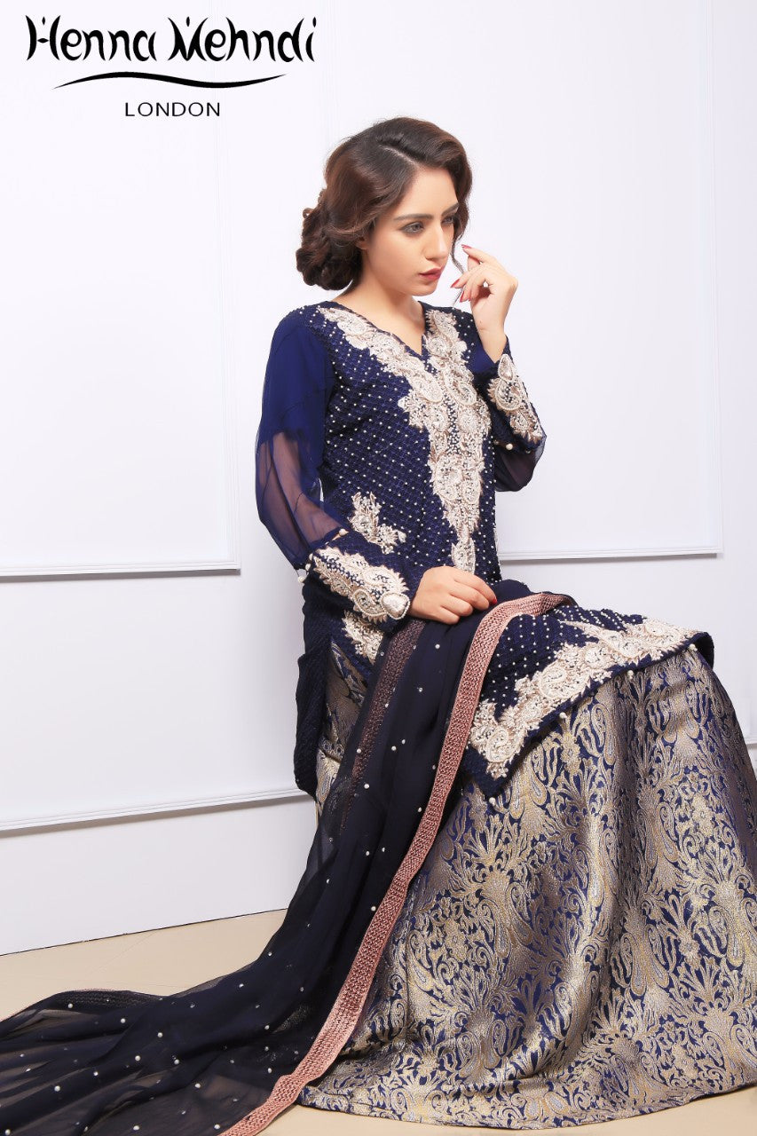 Navy Pearl & Diamante Embroidered Outfit - Henna Mehndi