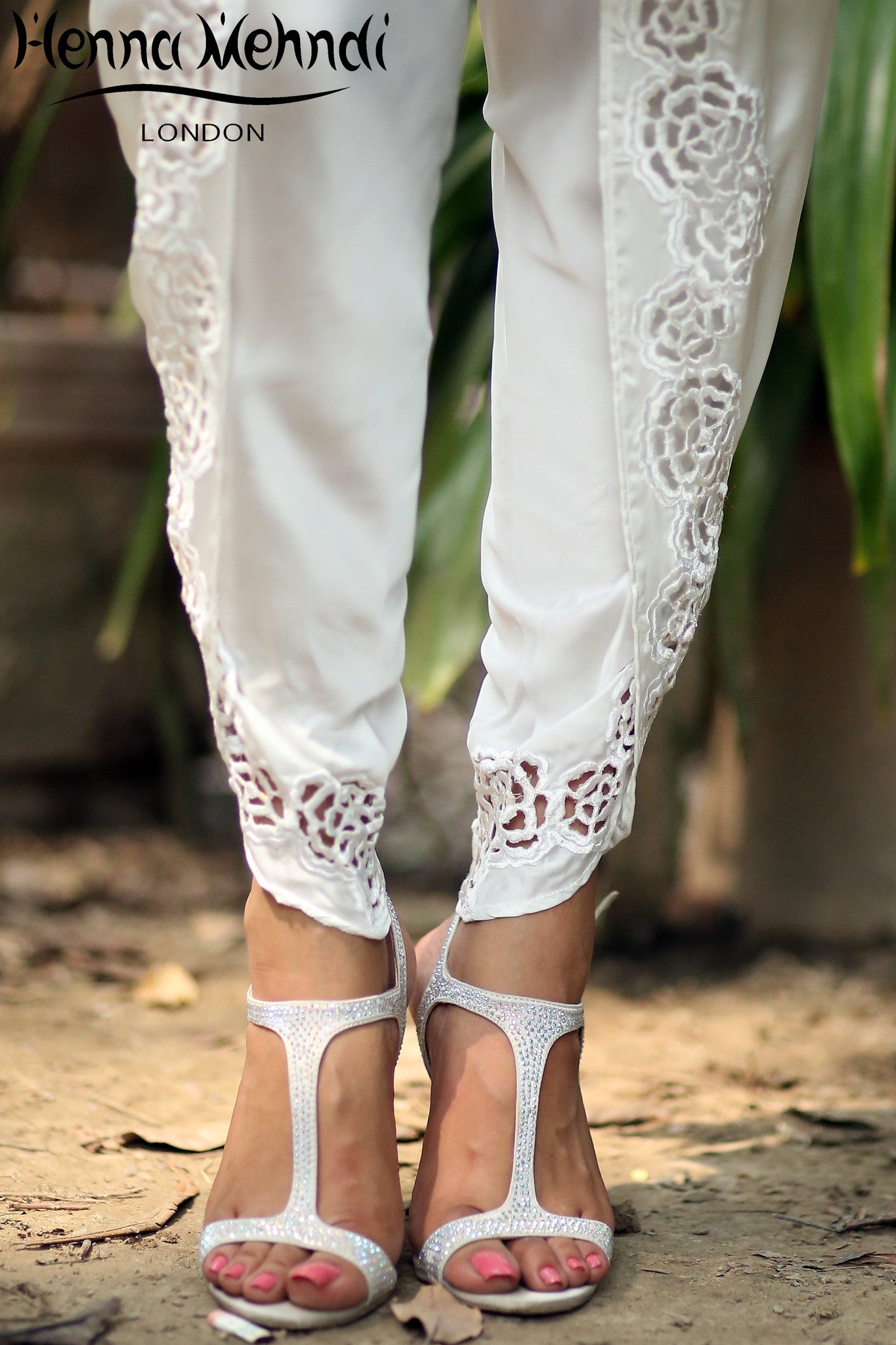 White Embroidered Tulip Shalwaar - Henna Mehndi