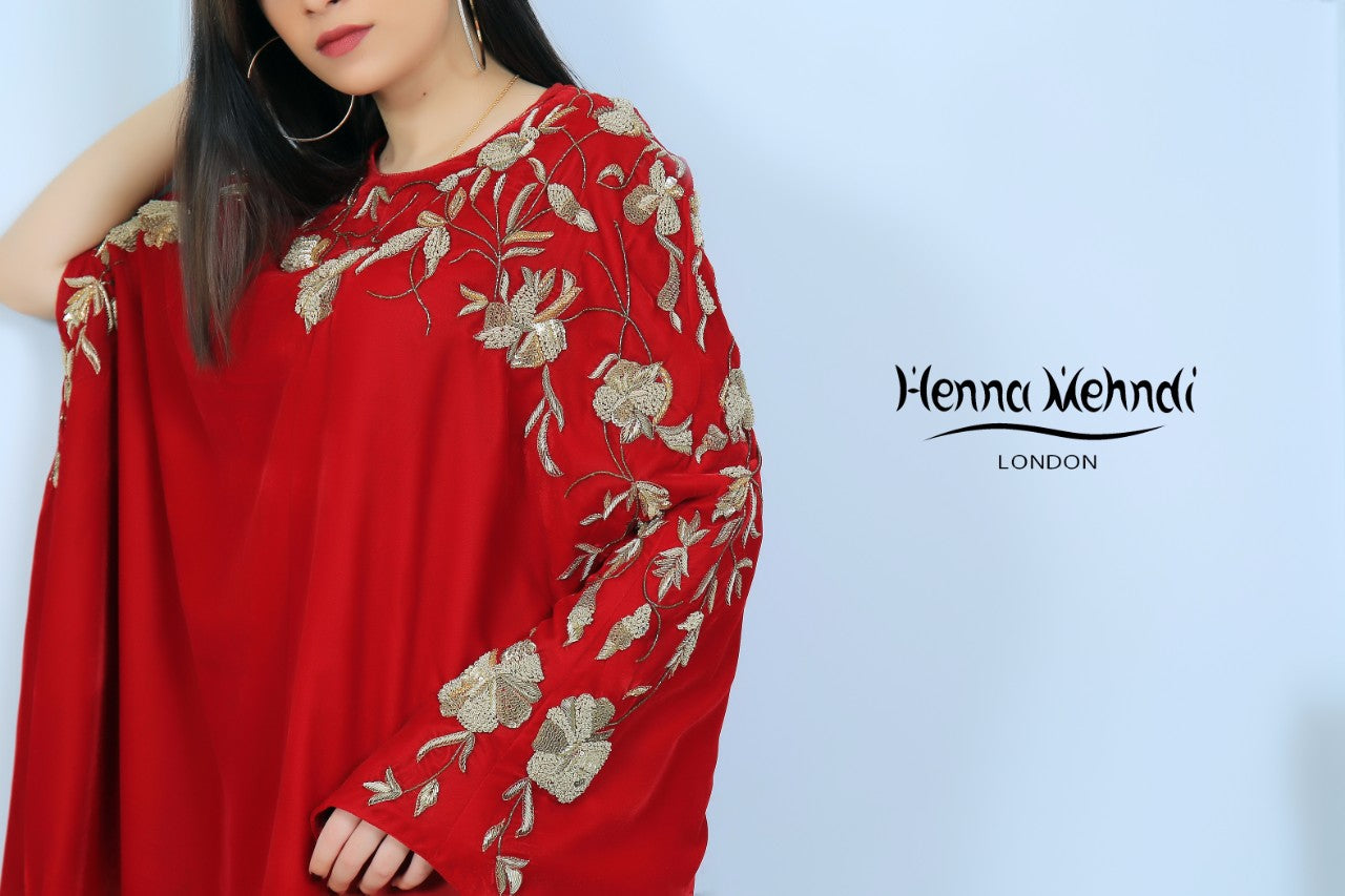 Red Velvet Embroidered Cape - Henna Mehndi