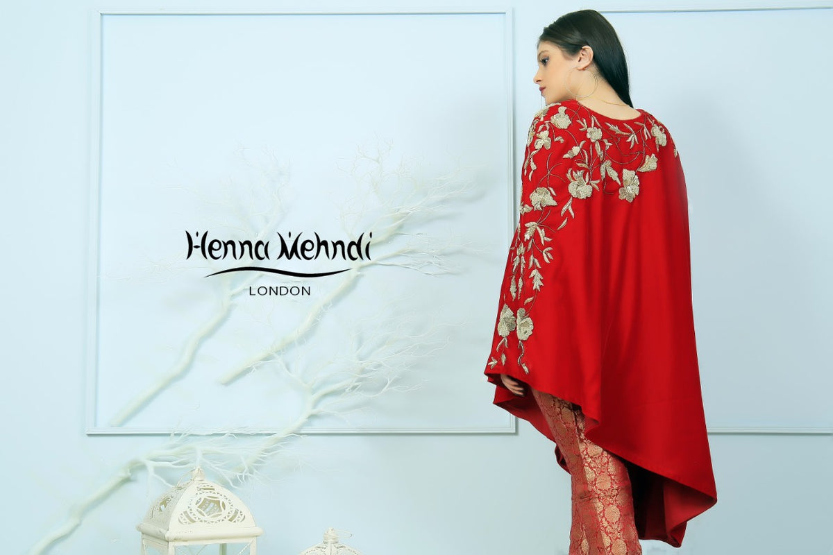 Red Velvet Embroidered Cape - Henna Mehndi