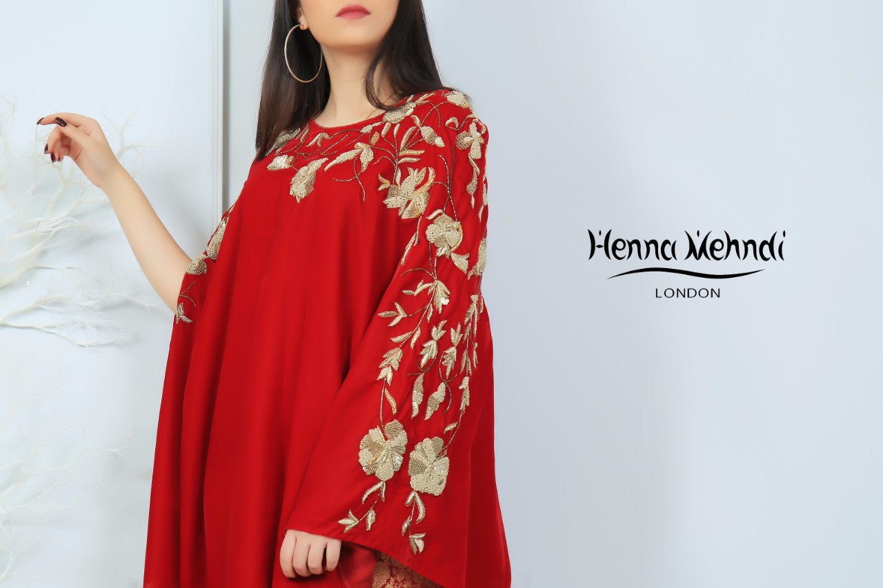 Red Velvet Embroidered Cape - Henna Mehndi