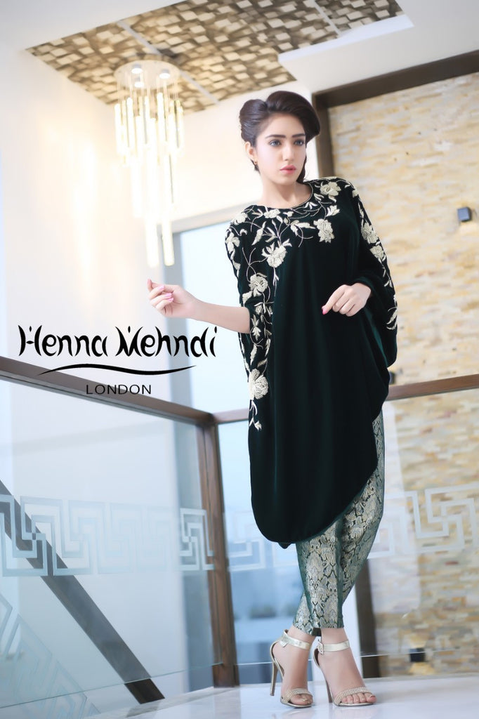 Green Velvet Embroidered Cape Outfit - Henna Mehndi