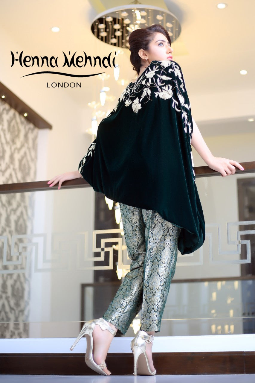 Green Velvet Embroidered Cape Outfit - Henna Mehndi