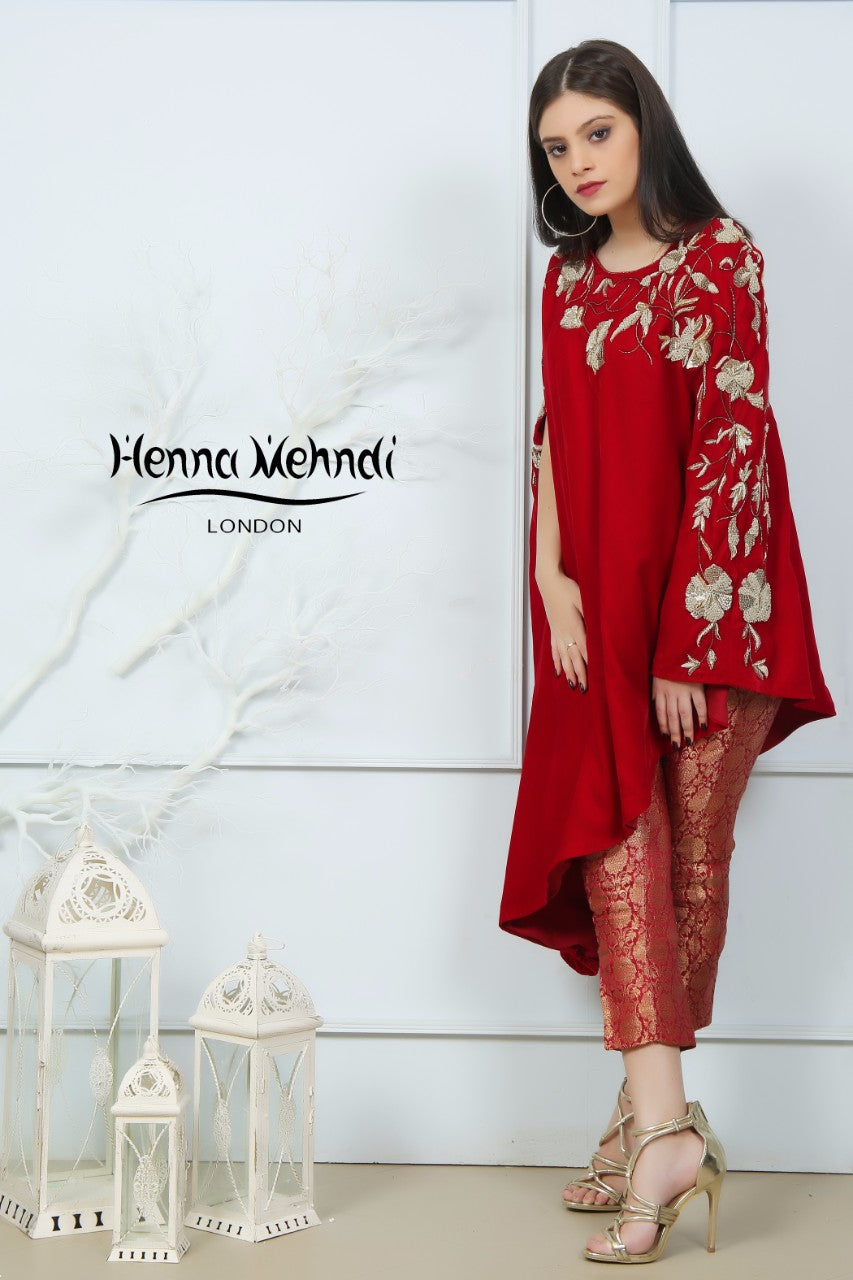 Red Velvet Embroidered Cape Outfit - Henna Mehndi