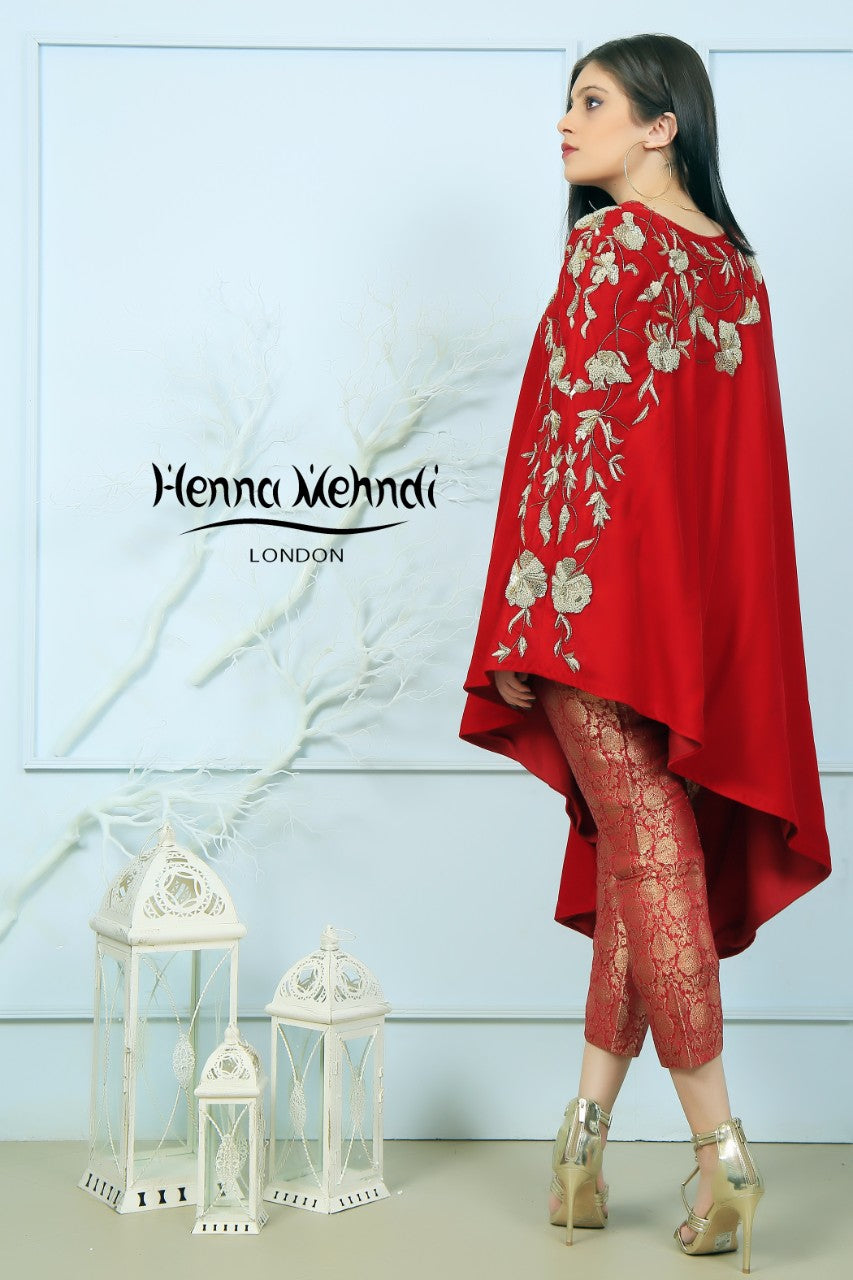 Red Velvet Embroidered Cape Outfit - Henna Mehndi
