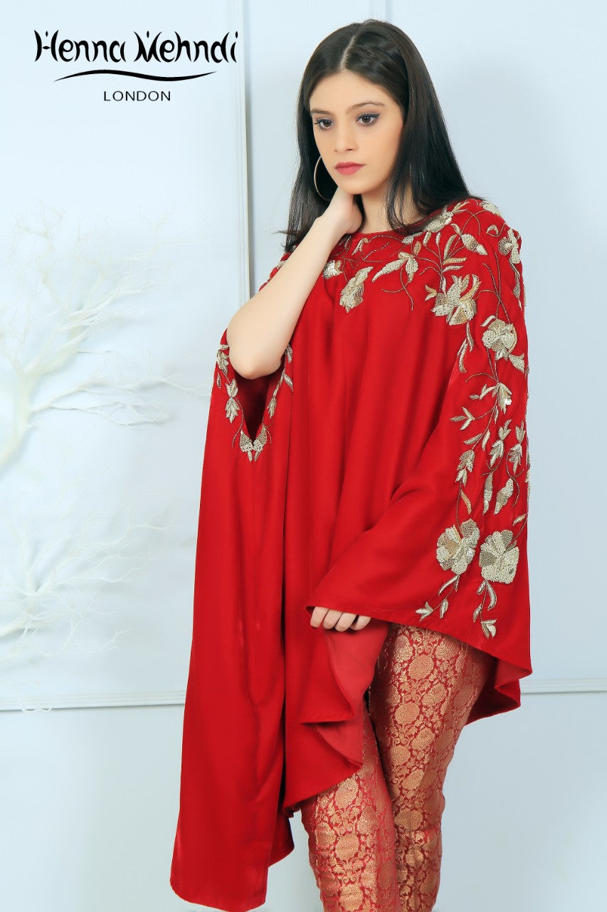 Red Velvet Embroidered Cape Outfit - Henna Mehndi