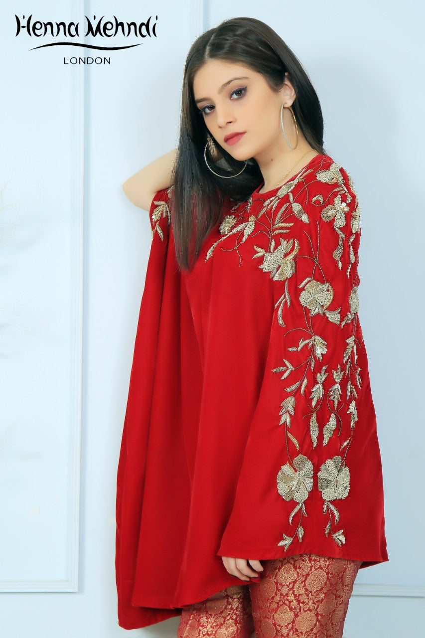 Red Velvet Embroidered Cape Outfit - Henna Mehndi