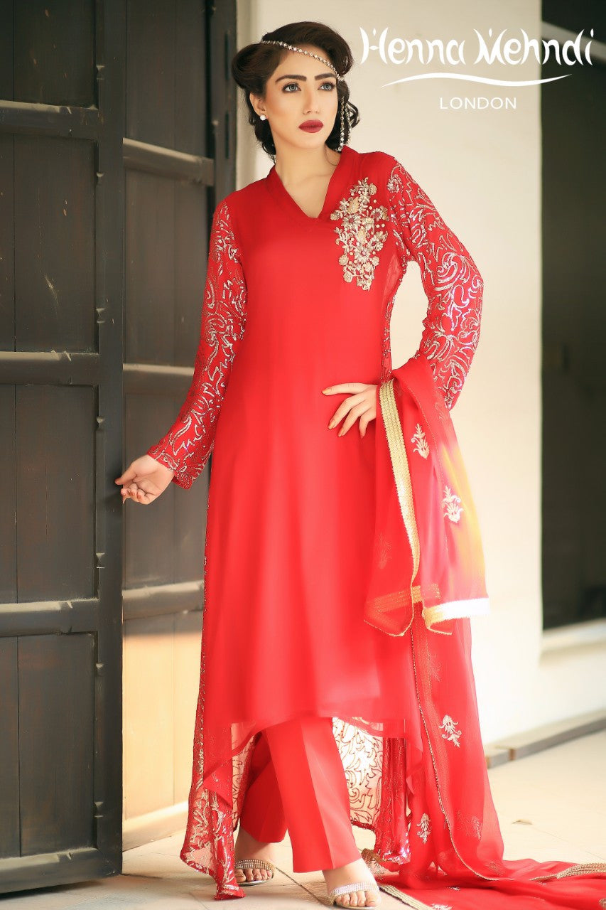 Red Diamante Embroidered Outfit - Henna Mehndi