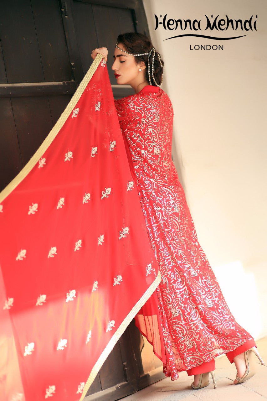 Red Diamante Embroidered Outfit - Henna Mehndi