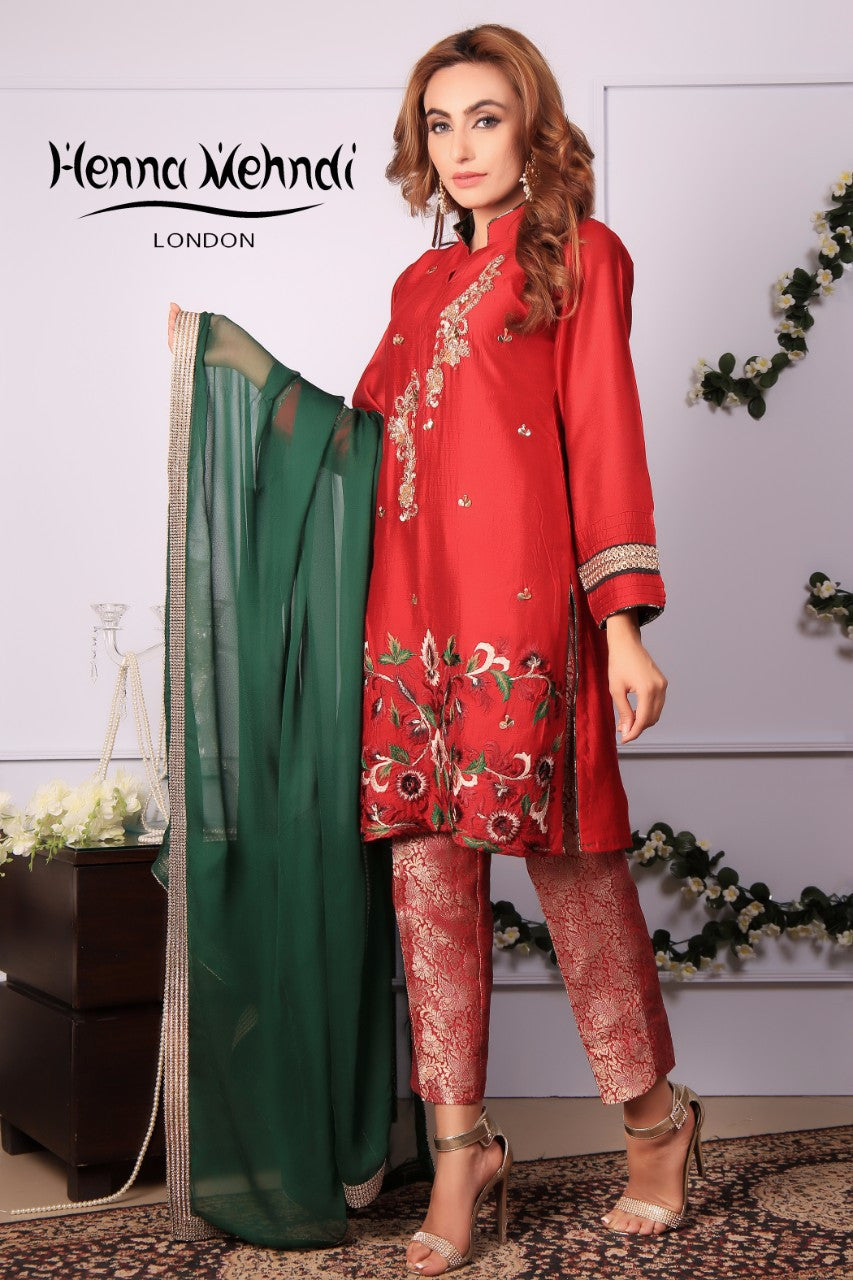 Red Diamante Embroidered Outfit - Henna Mehndi