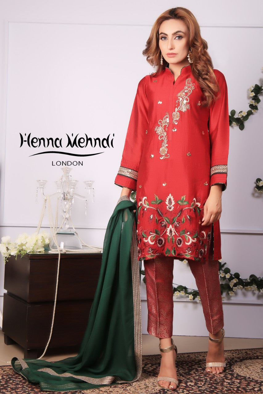 Red Diamante Embroidered Outfit - Henna Mehndi