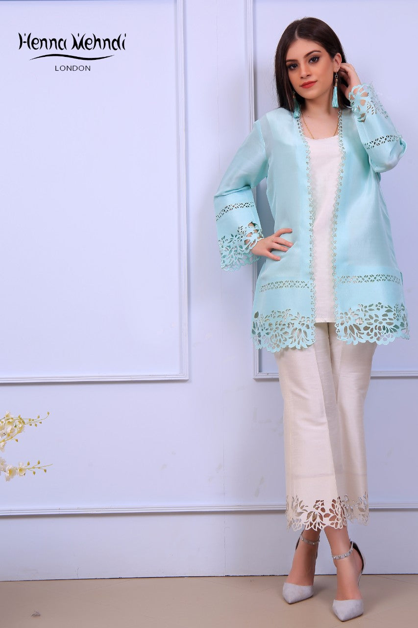 Mint Laser Cut Jacket Outfit - Henna Mehndi