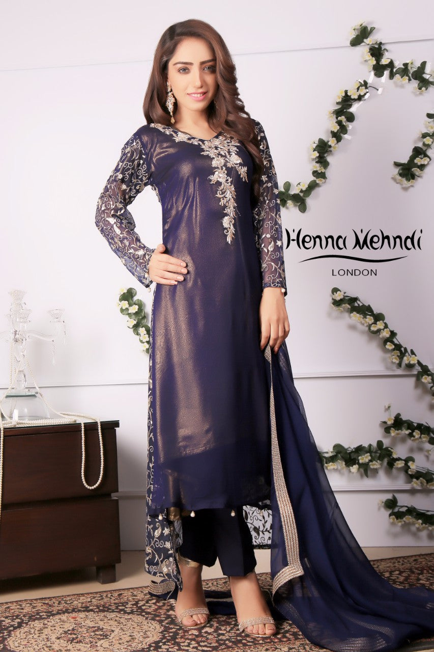 Navy Diamante Embroidered Outfit - Henna Mehndi