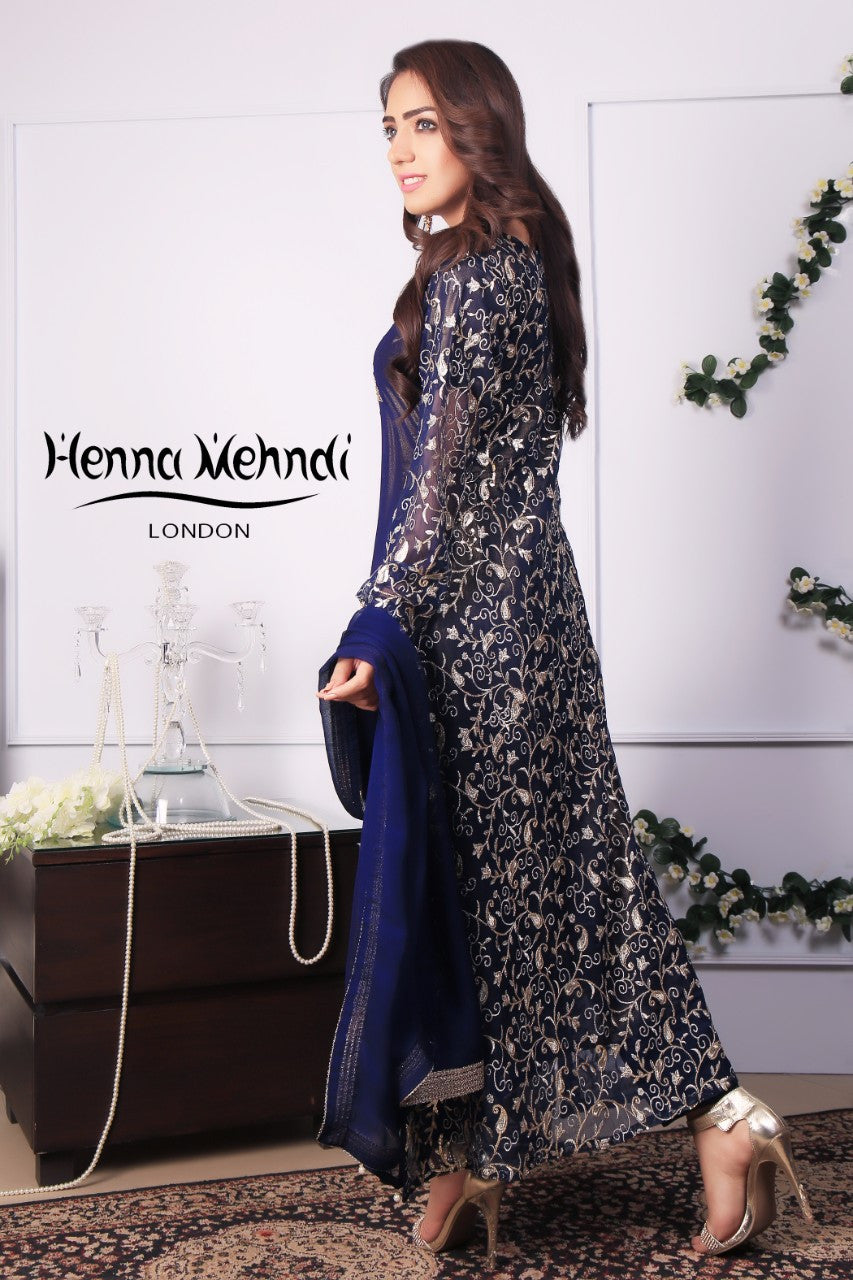 Navy Diamante Embroidered Outfit - Henna Mehndi