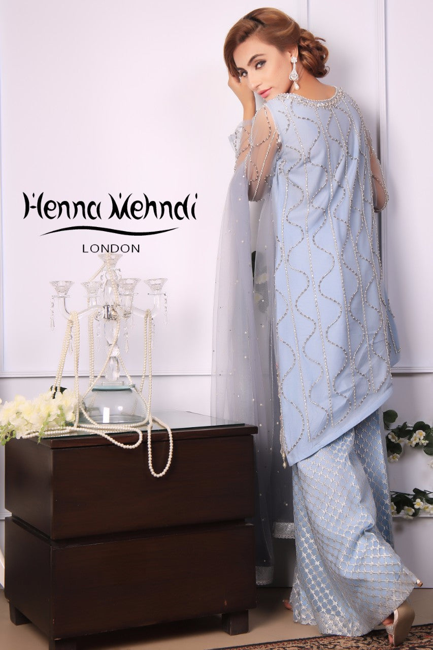 Ice Blue Diamante & Pearl Embroidered Outfit - Henna Mehndi
