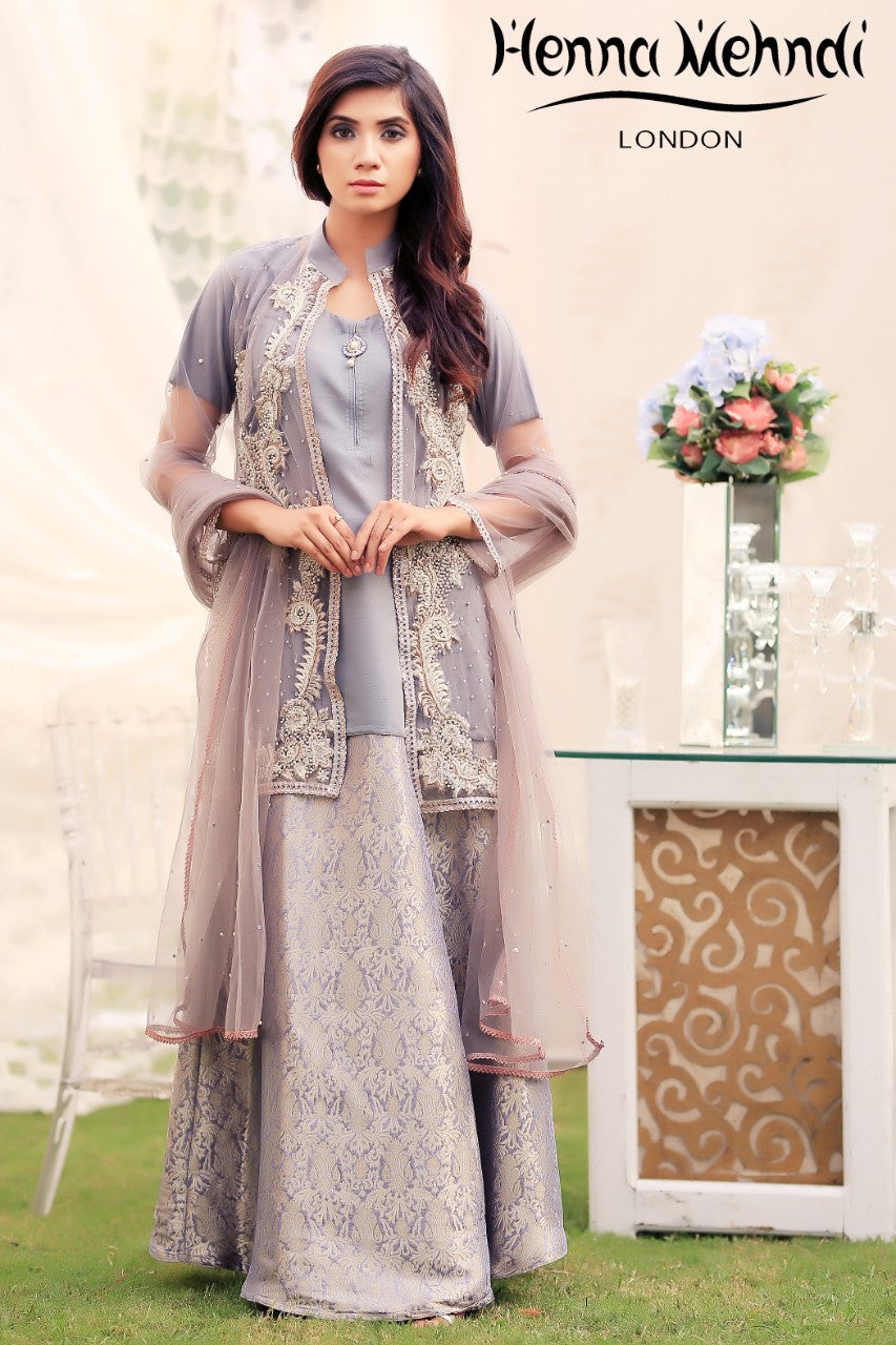 Grey Pearl & Diamante Embroidered Jacket Outfit - Henna Mehndi