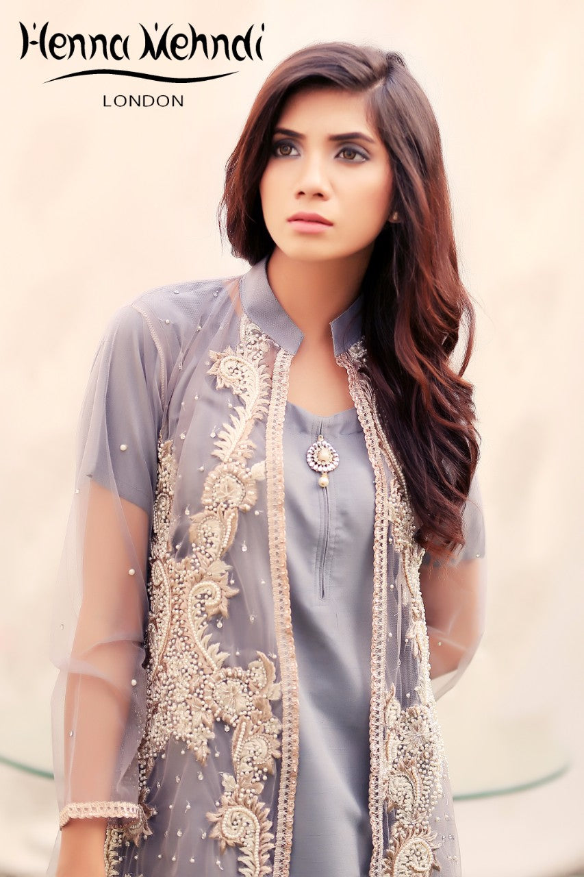 Grey Pearl & Diamante Embroidered Jacket Outfit - Henna Mehndi