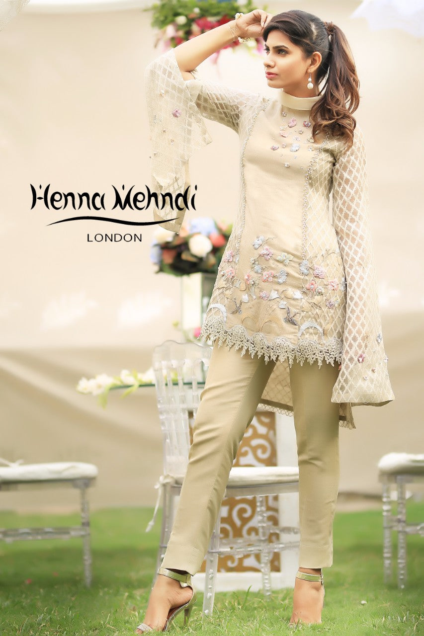 Beige 3D Flower Embroidered Top - Henna Mehndi