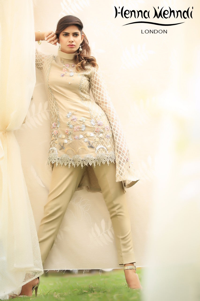 Beige 3D Flower Embroidered Top - Henna Mehndi