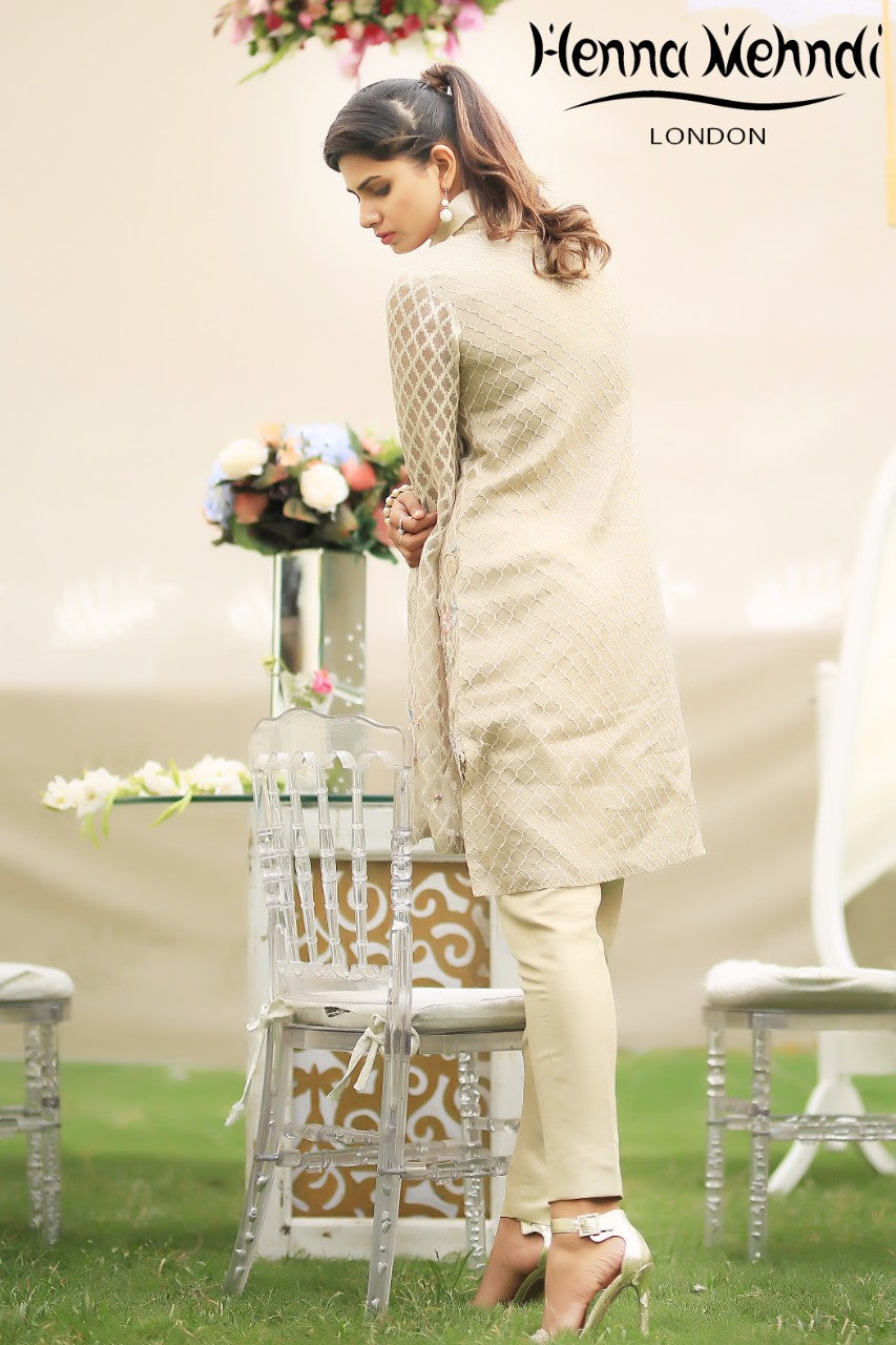 Beige 3D Flower Embroidered Top - Henna Mehndi
