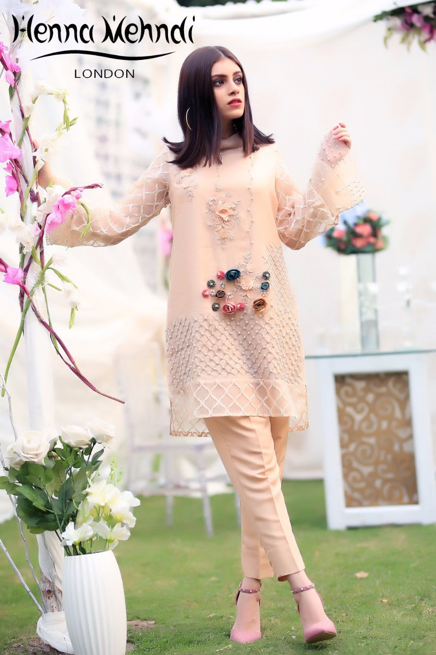 Peach 3D Flower Embroidered Top - Henna Mehndi