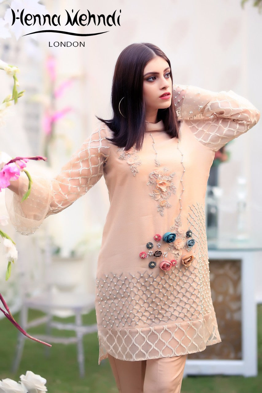 Peach 3D Flower Embroidered Top - Henna Mehndi