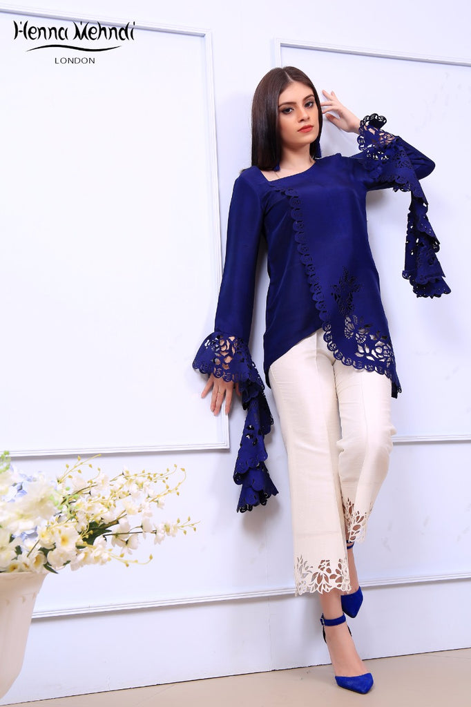 Navy Ruffle Sleeves Laser Cut Outfit - Henna Mehndi